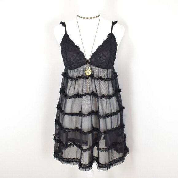 VTG 00s Y2K Black Sheer Mesh Ruffle Tiered Floral Lace Flowy Babydoll Slip Dress - Picture 1 of 5